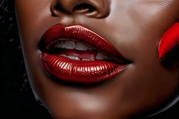 Close-up shot of a beautiful african woman with red lips.