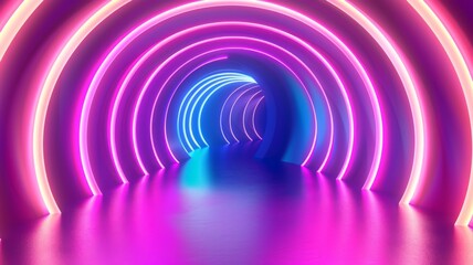 Futuristic neon-lit tunnel with curved lines - An image of a futuristic tunnel illuminated by neon lights with an endless vanishing point, symbolizing innovation and progress