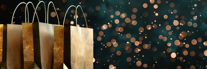Golden shopping bags on bokeh background - Elegant gold-toned shopping bags with sparkling bokeh effect, suggestive of luxury shopping and festive occasions