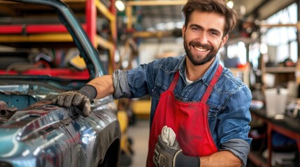 A Man With an Apron Working on a Car