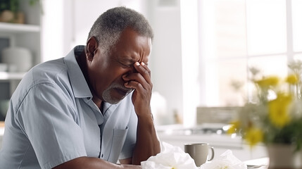 Senior black man with a pained expression pinching the bridge of his nose, surrounded by used tissues on a table in a bright room