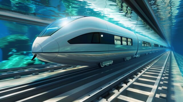 Futuristic train speeding in underwater tunnel - The image captures a modern, sleek train moving swiftly through a clear underwater tunnel, surrounded by the ocean's blue hues