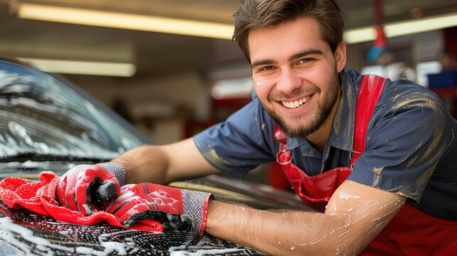 Man Smiling While Waxing a Car
