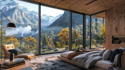 Modern bedroom with breathtaking mountain view - This contemporary wooden bedroom features large glass windows showcasing an incredible view of autumn mountains, creating a tranquil setting