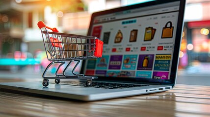Online shopping concept with cart and laptop - An image illustrating the convenience of online shopping with a shopping cart on a laptop keyboard and a vibrant blurred background