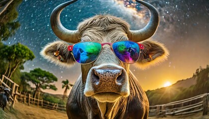 cow with colorful sunglasses, colorful sunset in background