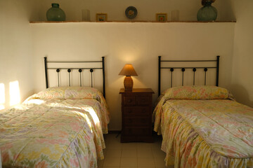 two iron beds filled with bedspread, bright light from window, old-fashioned room on sunny day,...