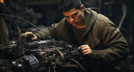 Fototapeta na wymiar An experienced mechanic repairs an engine in the garage, generative AI