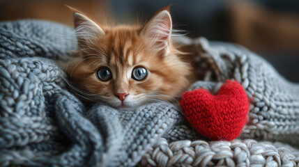 Fluffy kitten with blue eyes lies in a blanket, next to him a toy in the shape of a red heart. Pet shop and veterinary