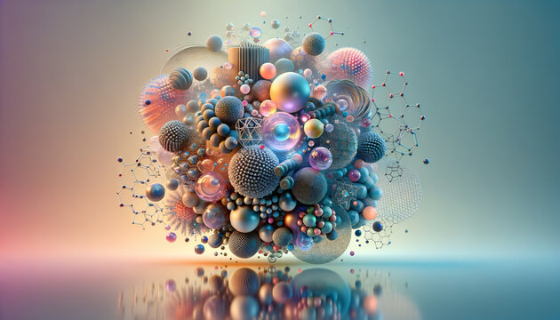 Dynamic nanomaterials in serene pastel tones, showcasing carbon nanotubes and graphene sheets.