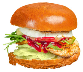 juicy burger with grilled chicken breast, melted Camembert cheese isolated on white background