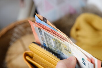 yellow leather wallet with EU Currency banknotes, cash money from European Union in female hand,...
