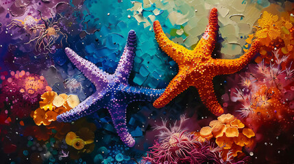Colorful sea stars resting on a vibrant coral