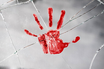 red bloody handprint of child on broken mirror, glass, cracks, Horror and Thriller Themes, Crime...