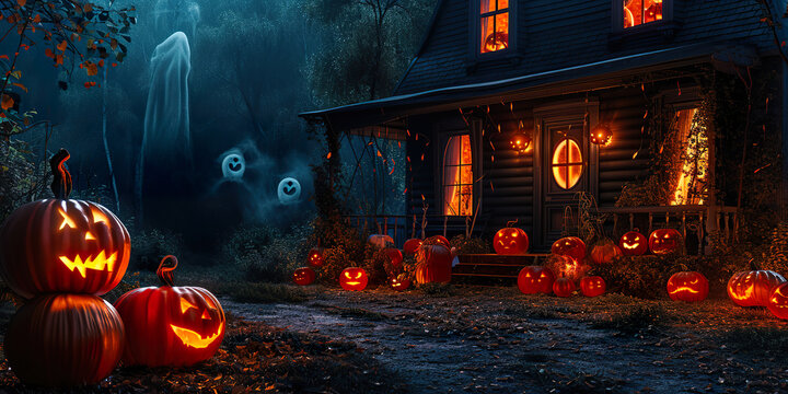 Halloween pumpkins outside a house. Scary night