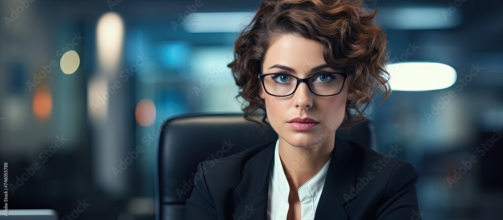 Canvas Prints Focused Businesswoman Working at Office Desk with Serious Expression and Eyeglasses