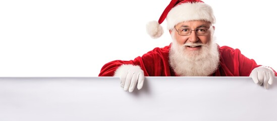 Naklejka premium Jolly Santa Claus Showcasing Holiday Specials on a Blank Signboard for Festive Promotions