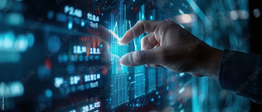 Poster businessman or trader is showing a growing virtual hologram stock, invest in trading. generative ai