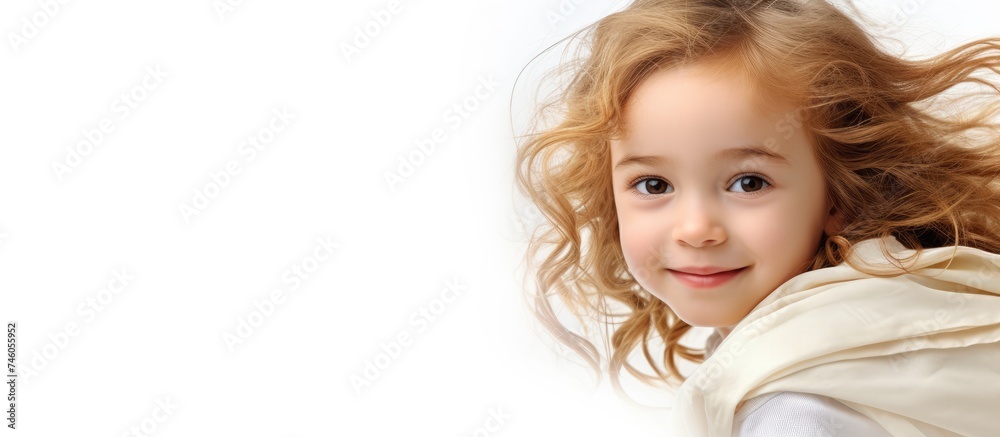 Poster Innocent and Pure: Portrait of a Young Ethnic Girl with Flowing Hair in White Shirt