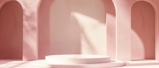 3d render of podium or pedestal in room. Stage empty pedestal for displaying objects and advertising goods, pink. Generative AI
