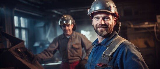 Skilled Welder Poses in Workshop While Colleague Grinds Metal in Background