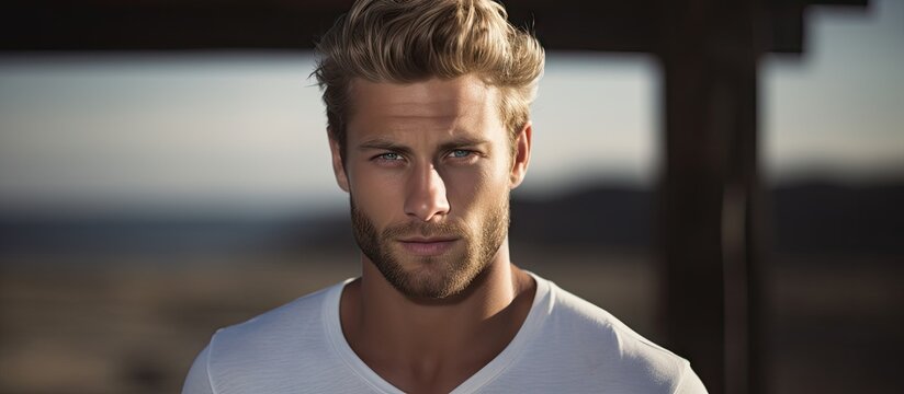 Intense and Moody Portrait of a Dark Blond Man in a White Shirt Outdoors