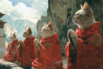 Buddhist Monks Cats in red robes praying in mountain temple, Tibetan religious cats