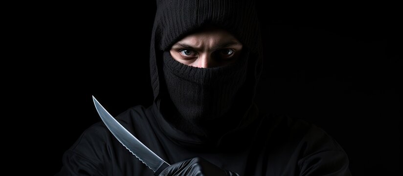 Intimidating Man in Balaclava Threatens with Knife in the Shadows
