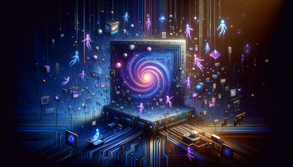 Surreal Cyber Nexus: The Digital Dreamland with Intricate Bulletin Board - obrazy, fototapety, plakaty
