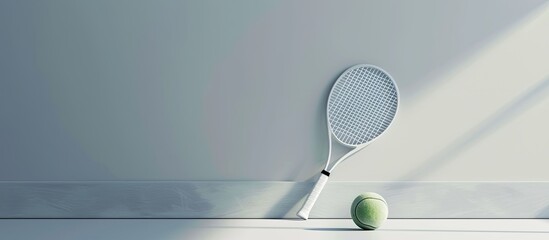 A tennis racket rests casually against a plain wall, with a tennis ball nearby. The scene suggests a temporary pause in a game or practice session.