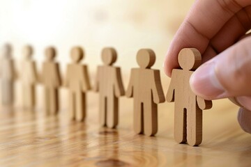 Recruitment Success: Hand selecting diverse wooden figures in employee hiring concept, HR strategy for team diversity and growth