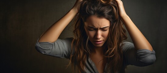 Overwhelmed Young Woman Showing Symptoms of Stress and Migraine - obrazy, fototapety, plakaty