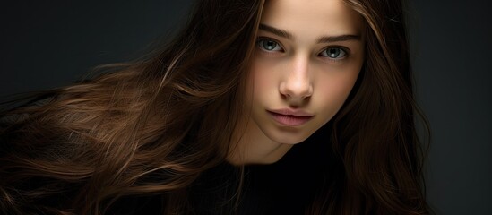 Captivating Teenage Girl with Brown Hair and Blue Eyes in Stylish Outfit - obrazy, fototapety, plakaty