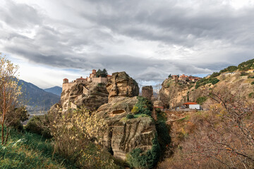 Panoramic view to Meteora Monasteries near Kalambaka village Thessaly Greece pilgrimage tourism