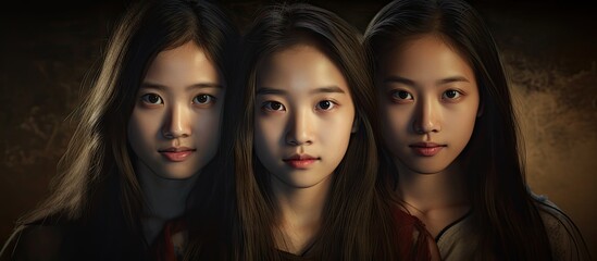 Obraz premium Captivating Trio: Three Young Teenage Girls with Long Flowing Hair and Soulful Dark Eyes