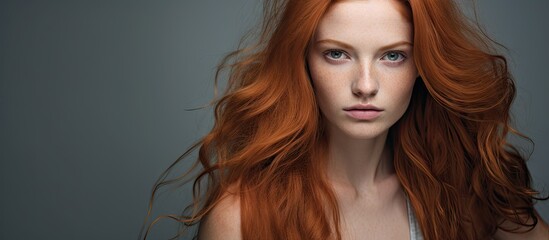 Fototapeta premium Vibrant Redhead Model in Stylish Attire Poses Gracefully Against Grey Studio Background