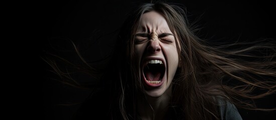 Terrified Brunette Teen Girl with Long Hair Screaming in Fear and Panic Against White Background - obrazy, fototapety, plakaty