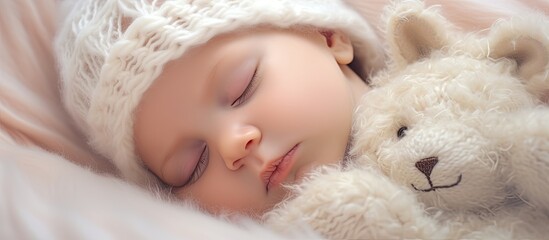 Peaceful Baby Sleeping Soundly Next to Fluffy Teddy Bear for a Tranquil Nap Time