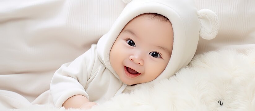 Adorable Baby in White Bear Costume with Joyful Expression on Bed