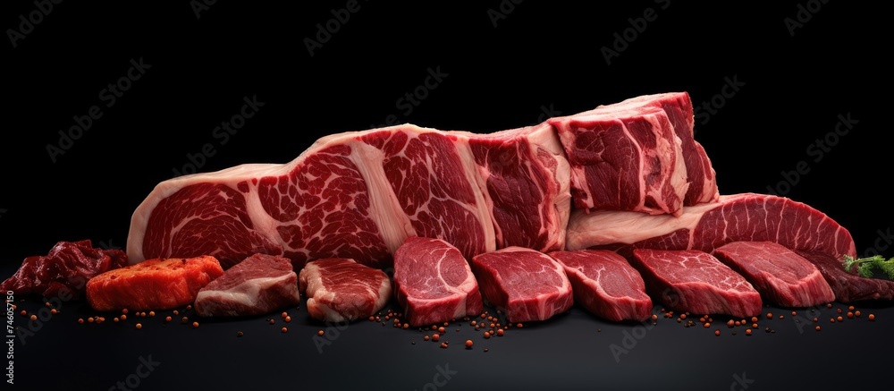 Poster assorted stack of raw meat cuts set against dramatic dark background