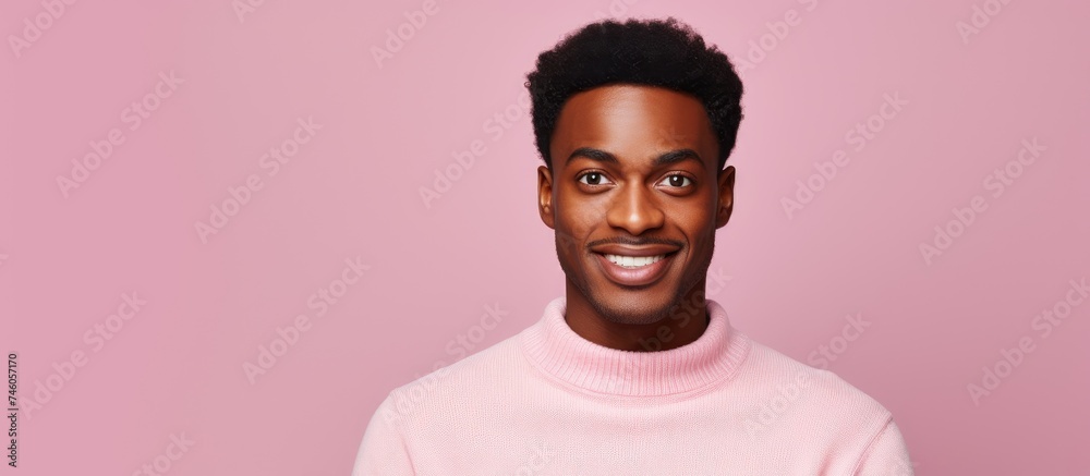 Sticker cheerful african man wearing pink sweater smiling happily for camera