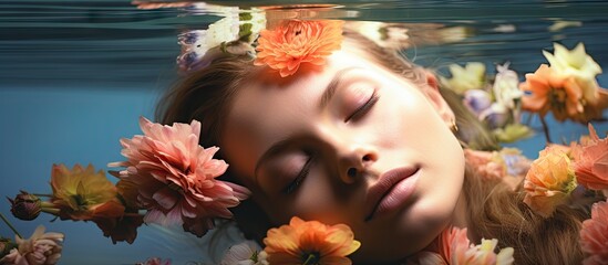 Serene Woman Embracing Nature with Floating Flowers in Tranquil Spa Environment - obrazy, fototapety, plakaty