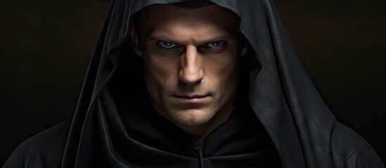 Intense man with a black hooded cloak exuding mystery and danger