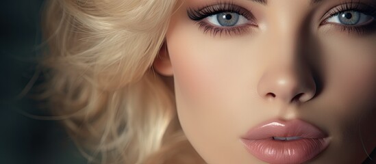 Fototapeta na wymiar Mesmerizing Beauty: Close-Up of a Blonde Woman with Sultry Blue Eyes and Elegant Makeup