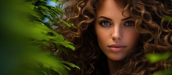 Sensual Beauty: Woman with Long Brown Hair and Green Eyes Amidst Lush Greenery on the Beach