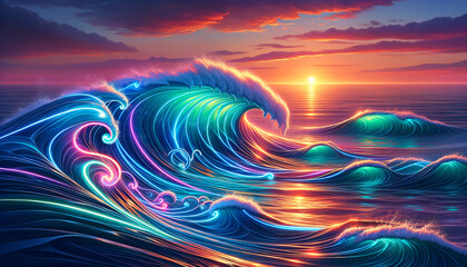 Fototapeta na wymiar Vibrant Pop Futurism wave energy illustration with neon outlines and futuristic motifs.