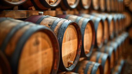 wine barrels arranged neatly in the wine cellar
