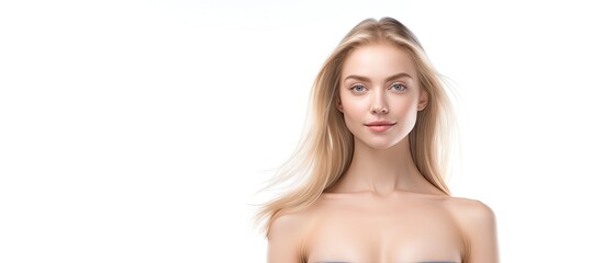 Obraz premium Radiant Woman with Flowing Blonde Hair and Piercing Blue Eyes in Studio Portrait