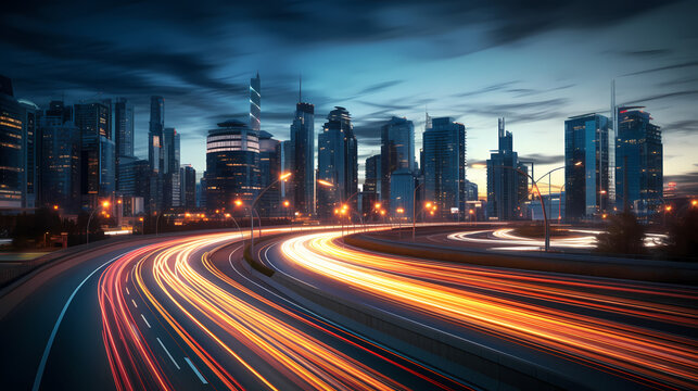 Big city skyline and traffic lights blur motion, skyscrapers and highway light tracks during rush hour