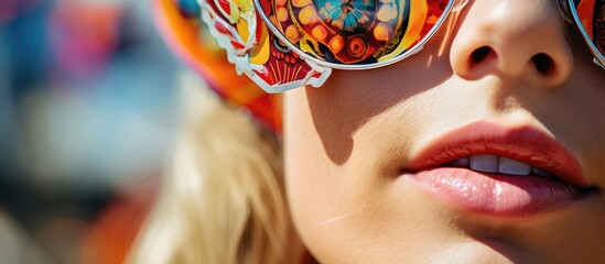 Funky Woman in Stylish Sunglasses with Colorful Design and Stickers Close-Up
